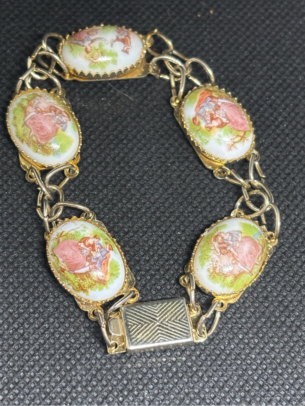 Vintage Bojar Limoges courting couple and Gold Porcelain Cameo Bracelet and ring